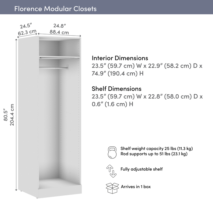 Bestar Florence 25\" Modular Hanging Closet System with LED Light and Shelf - White