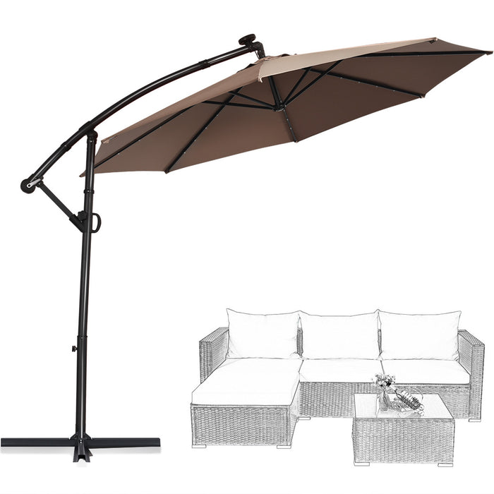 Costway 10FT Patio Offset Umbrella Solar LED 360degrees Rotation Brown