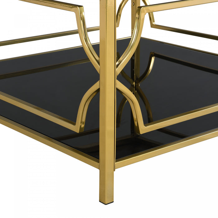 Gleam 33.5 Inch Square Tempered Glass Coffee Table with Geometric Gold Frame and Lower Shelf, Black