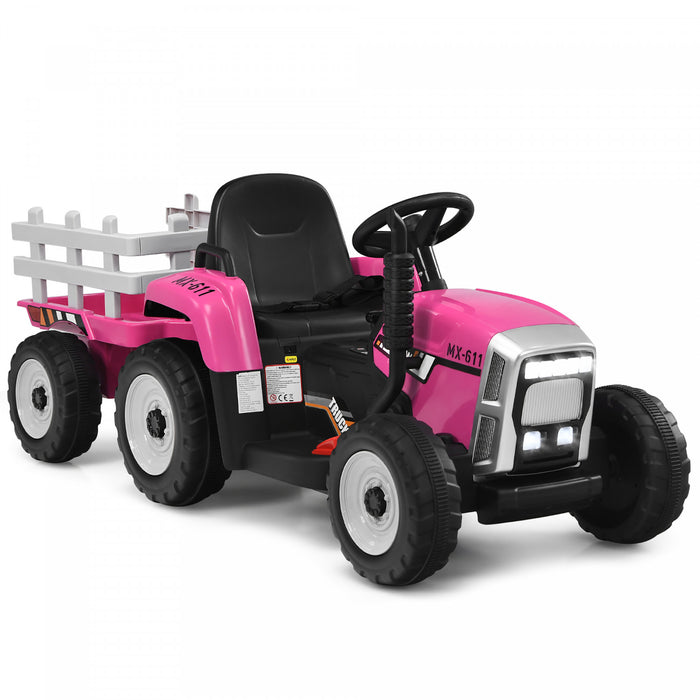 Costway 12v Kids Ride On Tractor With Trailer Ground Loader W/ Rc & Lights Pink