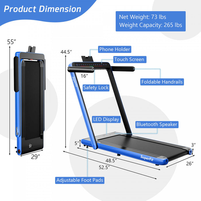 Superfit 2.25hp 2 In 1 Folding Treadmill Jogging Machine W/app Control Blue