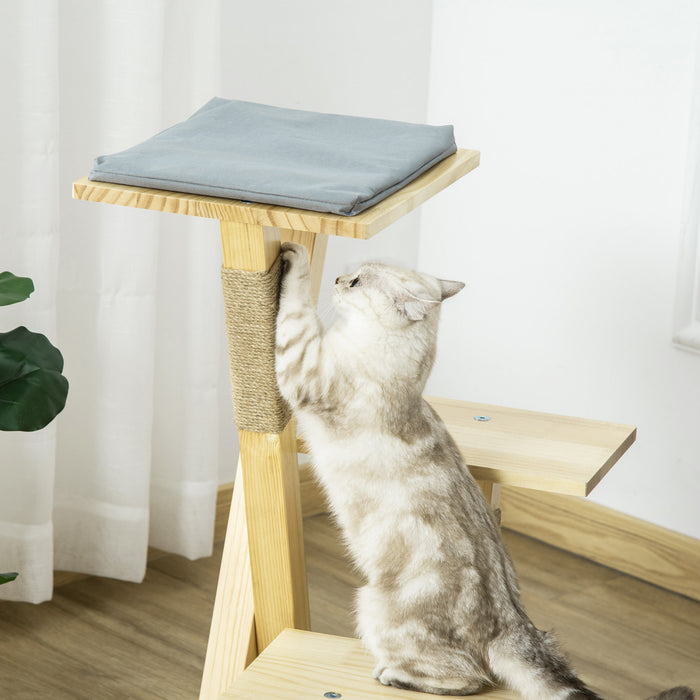 Pawhut 31\" Cat Tree Kitty Activity Center Pinewood Cat Climbing Toy Indoor Outdoor Pet Furniture With Jute Scratching Post Perch Cushion Natural