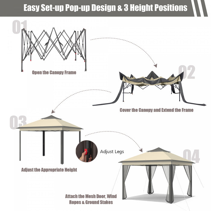 Costway 11'x11' 2-tier Pop-up Gazebo Tent Portable Canopy Shelter Carry Bag Mesh Brown