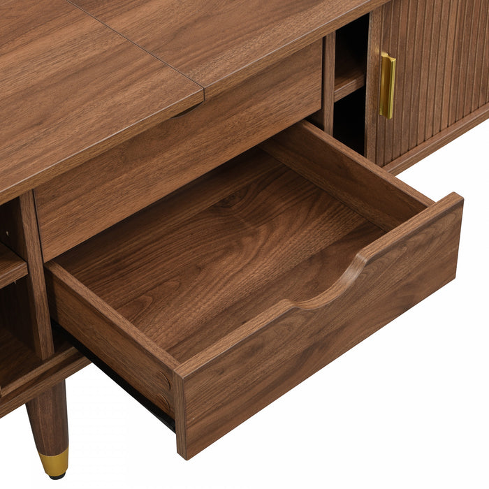 Rustic 69 Inch TV Cabinet with Sliding Door and Walnut Finish, Wood