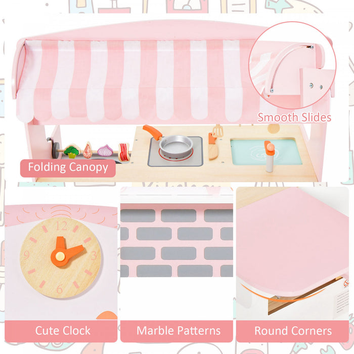 Costway 2 In 1 Kids Play Kitchen & Restaurant Double-sided Pretend Playset With Canopy