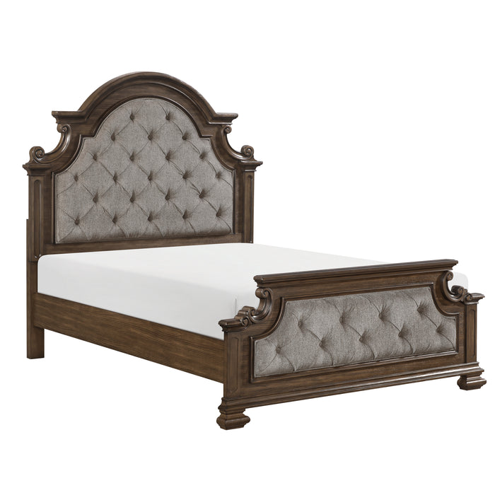 Ambrose Panel Bed with Headboard & Frame, Wooden, Fabric, Brown - Queen Size
