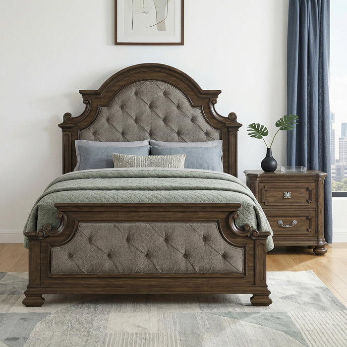 Ambrose Panel Bed with Headboard & Frame, Wooden, Fabric, Brown - Queen Size