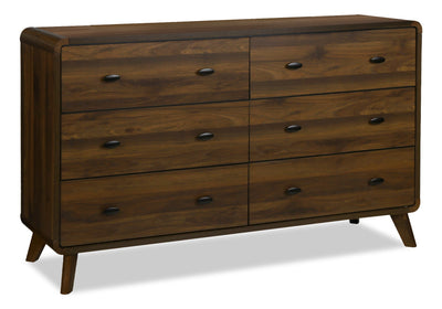 Cami Bedroom 6-Drawer Dresser, Mid-Century Modern, 58.5"W x 17.5"H – Brown | Commode de chambre à coucher moderne du milieu du 20e siècle Cami de 58,5 po (L) x 17,5 po (H) à 6 tiroirs - brune