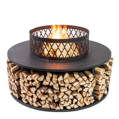 Deko Living Metal Wood Burner Round Fire Pit & Log Storage|Foyer extérieur rond au bois Deko Living en métal avec rangement pour bûches