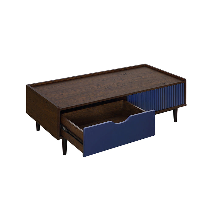 Manhattan Comfort Duane Modern Ribbed Coffee Table with Drawer & Shelf - Dark Brown & Navy Blue