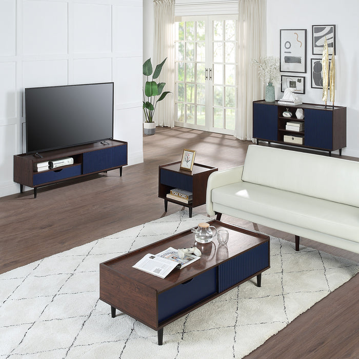 Manhattan Comfort Duane Modern Ribbed Coffee Table with Drawer & Shelf - Dark Brown & Navy Blue