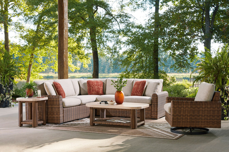 Banff Outdoor Patio RAF/LAF Loveseats, Set of 2 - Resin Wicker & Nuvella Fabric - Brown/Beige