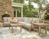 Juno Outdoor Patio Armless Chair - Eucalyptus Wood & Nuvella Fabric, Weather Resistant - Natural/Beige | Fauteuil sans accoudoirs Juno pour la terrasse à l’extérieur - eucalyptus et tissu Nuvella, résistant aux intempéries - naturel et beige