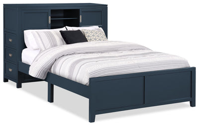 Quinn Platform Bed with Bookcase Headboard, Built-in Desk & Stool, Blue - Full Size | Lit plateforme Quinn avec tête de lit bibliothèque, bureau intégré et tabouret, bleu - format lit double