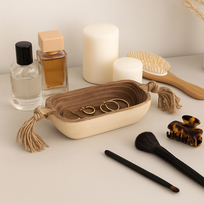 15” Boho Wood Tray with Tassels – Brown