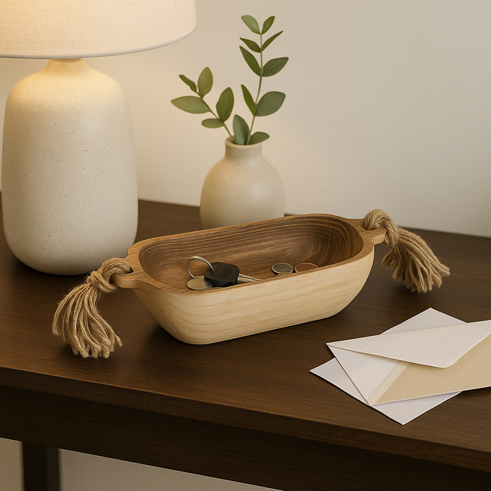 15” Boho Wood Tray with Tassels – Brown