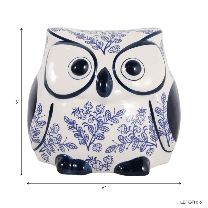 5” Ceramic Leaf Print Chinoiserie Owl – Blue 