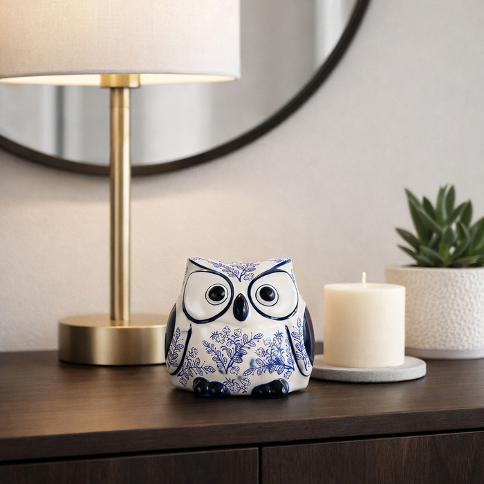 5” Ceramic Leaf Print Chinoiserie Owl – Blue 