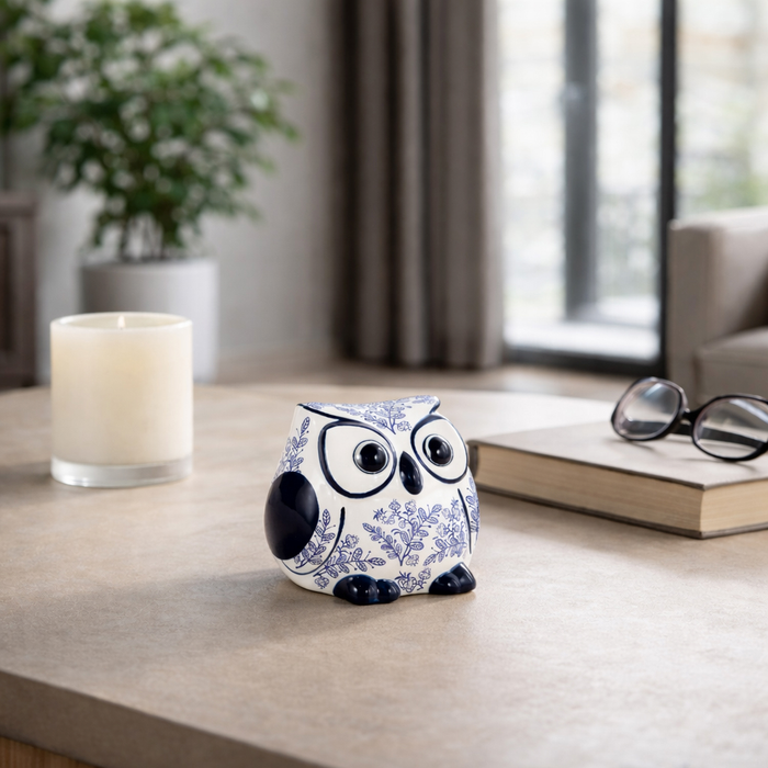 5” Ceramic Leaf Print Chinoiserie Owl – Blue 