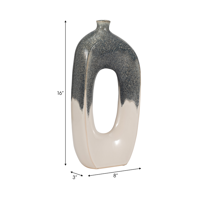 16” Ceramic Open Cut Out Vase – Ivory and Blue 