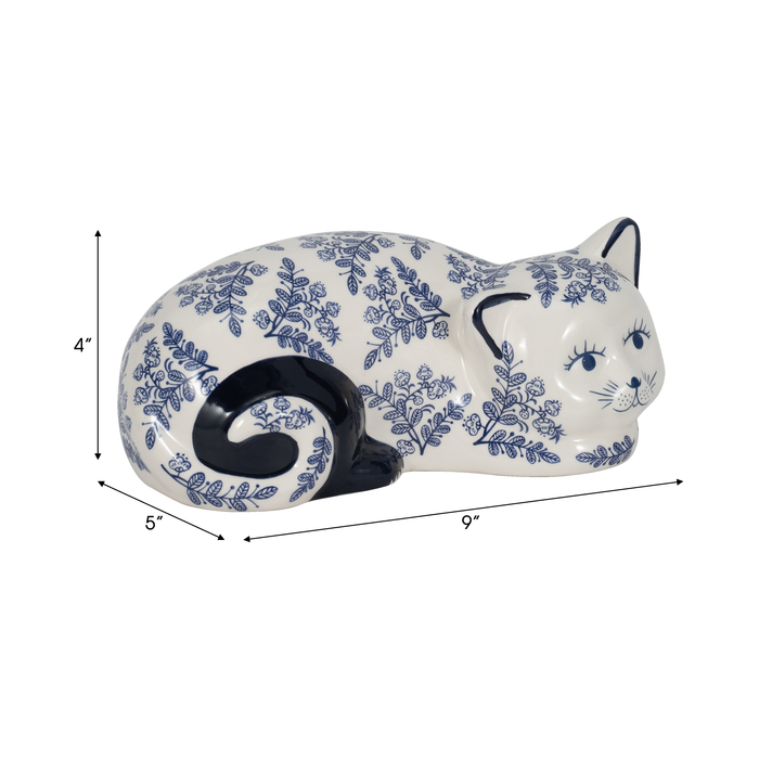 4” Ceramic Sleeping Chinoiserie Cat – Blue 