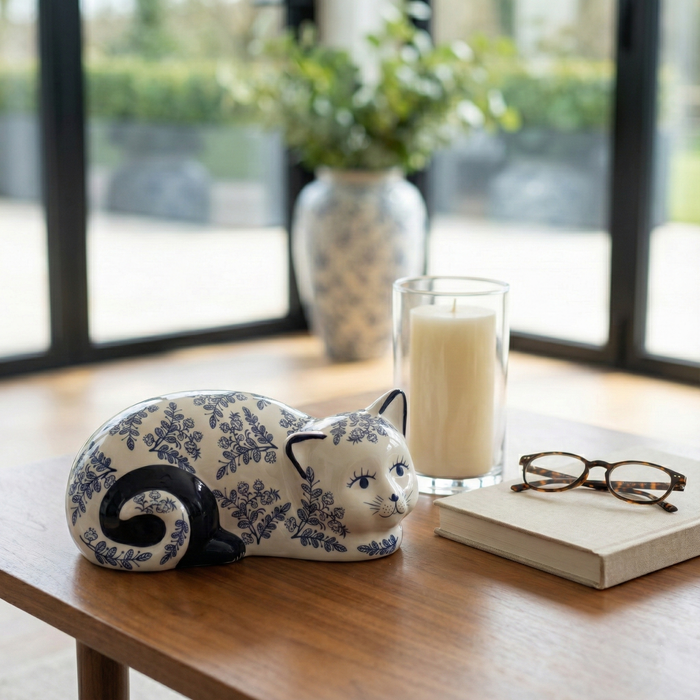 4” Ceramic Sleeping Chinoiserie Cat – Blue 