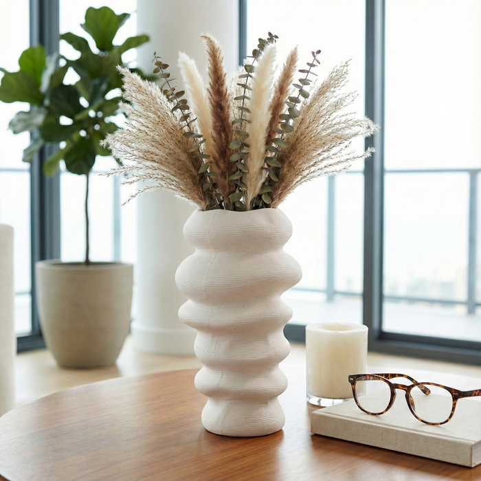 12” Ceramic Hand Scribed Cairn Vase – Ivory 