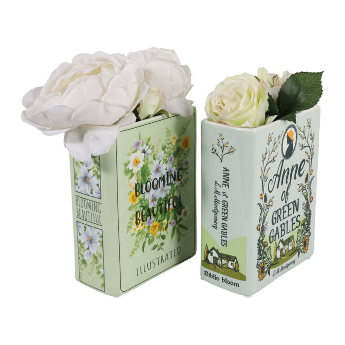 8.25” Set of 2 Ceramic Spring Book Vase – Green 