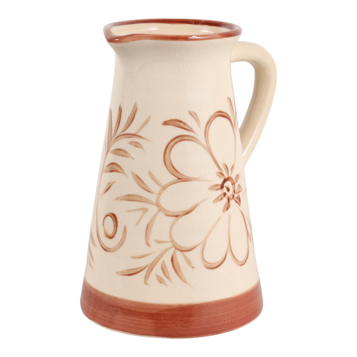 9.75” Ceramic Hand Painted Flower Pitcher – Light Brown