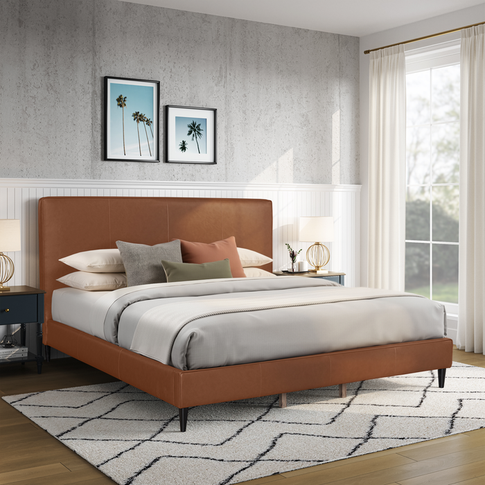 Alix Upholstered Platform Bed in Brown Leather-Look Fabric – King Size