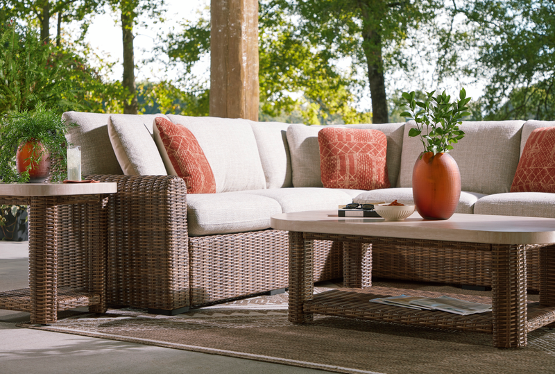 Banff Outdoor Patio Coffee Table - Resin Wicker & Aluminum, Weather Resistant - Brown/Beige