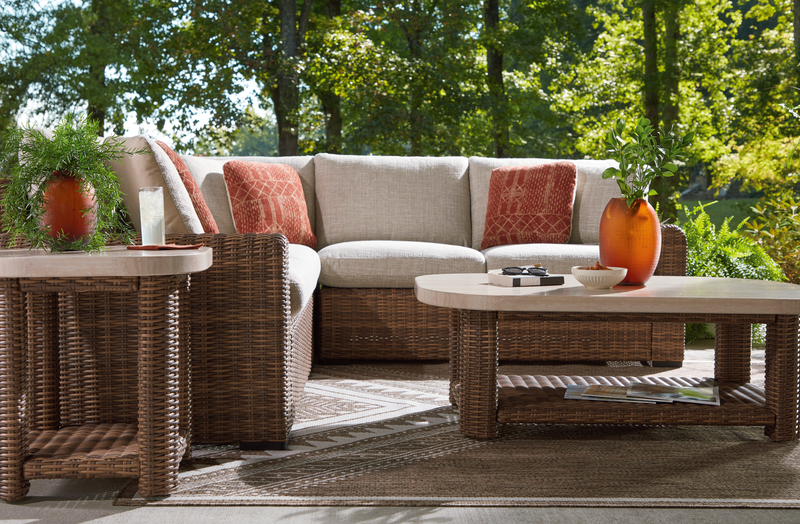 Banff Outdoor Patio Coffee Table - Resin Wicker & Aluminum, Weather Resistant - Brown/Beige