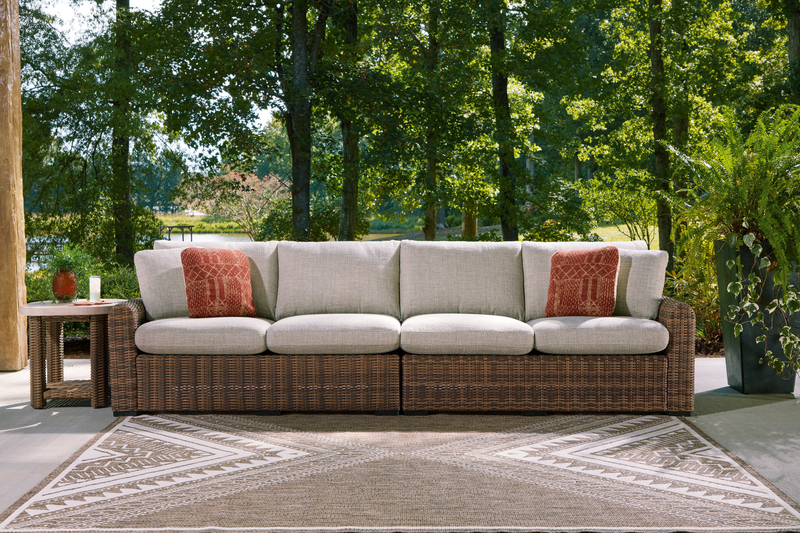 Banff Outdoor Patio RAF/LAF Loveseats, Set of 2 - Resin Wicker & Nuvella Fabric - Brown/Beige