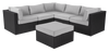 Barbados 6-Piece Outdoor Patio Set with 3 Corner Chairs, 2 Armless Chairs & Ottoman - Hand-Woven Resin Wicker, UV & Weather Resistant - Black/Grey