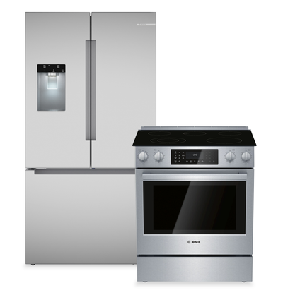 Bosch 36" Cu. Ft French Door Refrigerator and 4.6 Cu. Ft. Electric Range – Stainless Steel | Réfrigérateur de 36 pi3 à portes françaises et cuisinière électrique de 4,6 pi3 de Bosch - acier inoxydable
