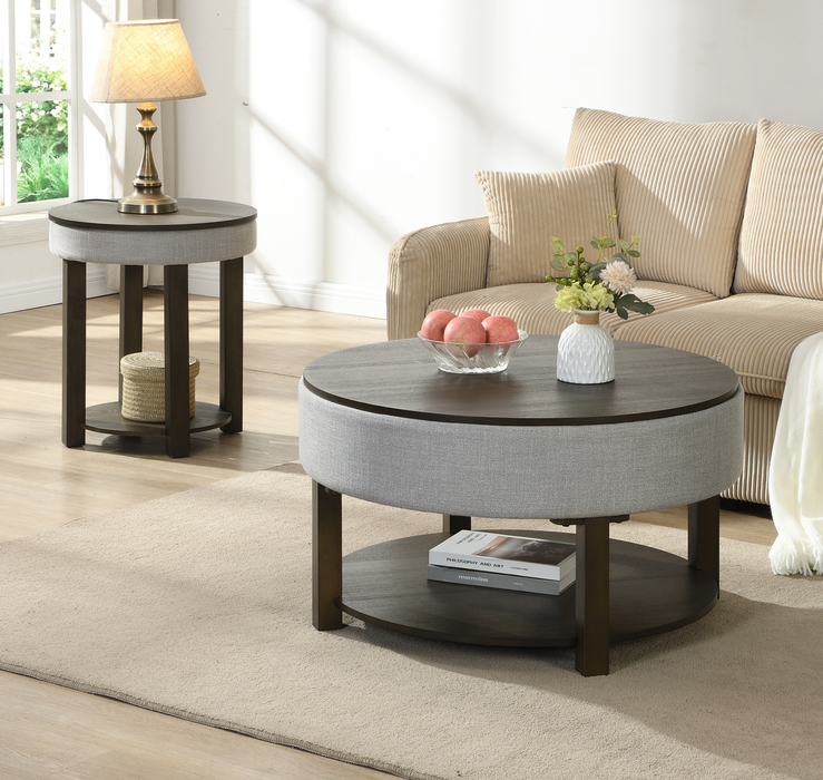 Elroy 21\" Rustic Round Lift Top End Table With Shelf  - Brown and Grey with Fabric Edge 