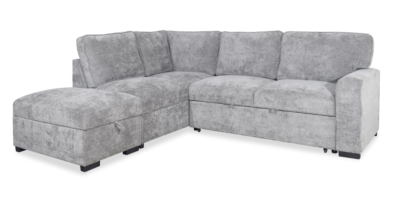Emerie 3-Piece Left-Facing Chenille Sleeper Sectional with Storage Ottoman – Grey