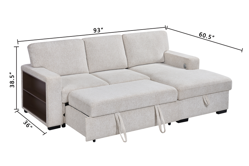 Pocket 2-piece Right-facing Linen-Look Fabric Sleeper Sectional with Storage - Beige