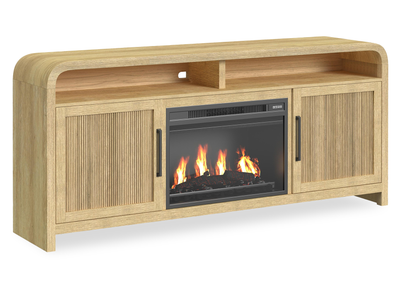 Ridgemont 70” Electric Fireplace TV Stand with Cable Management for TVs up to 80” – Natural Pine | Meuble TV Ridgemont de 70 pouces avec foyer électrique et système de gestion des câbles – Convient aux téléviseurs jusqu'à 80 pouces – Pin naturel