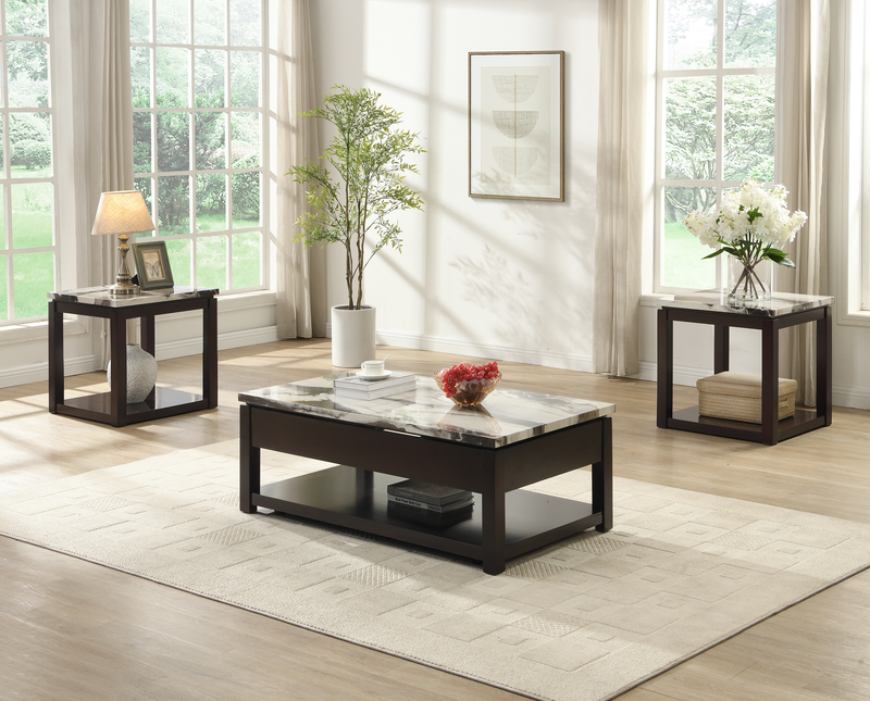 Sicily 48” Traditional Lift-Top Coffee Table with Storage and Casters – Dark Brown Base with Cream Marble Look Top