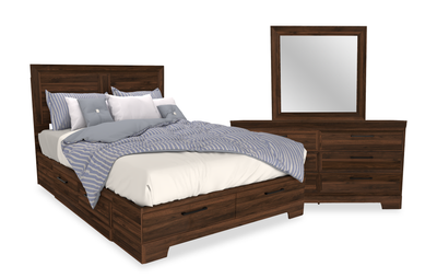 Yorkdale 5pc Bedroom Set with 6-Drawer Storage Bed, Dresser & Mirror, Walnut Brown - Queen Size | Ensemble de chambre à coucher Yorkdale 5 pièces avec lit de rangement à 6 tiroirs, commode et miroir, brun noyer - format grand lit