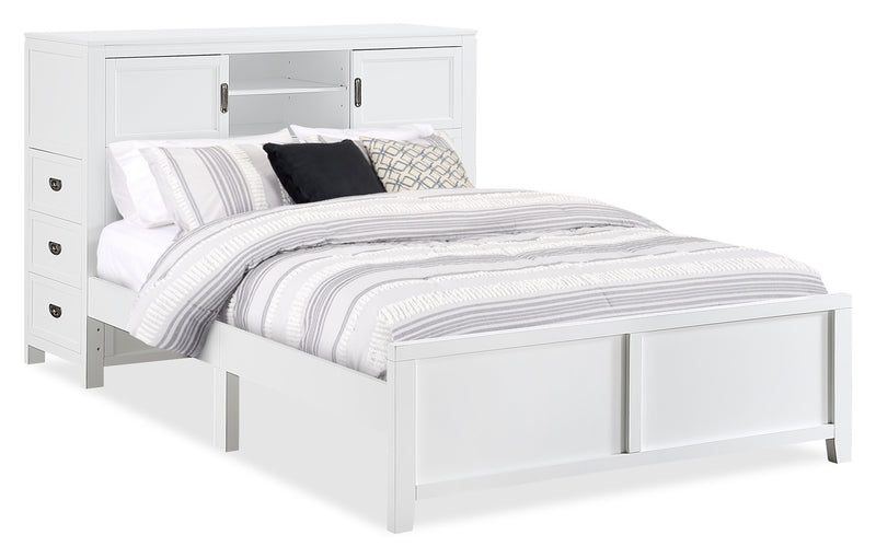 Quinn Platform Bed with Bookcase Headboard, Built-in Desk & Stool, White - Full Size