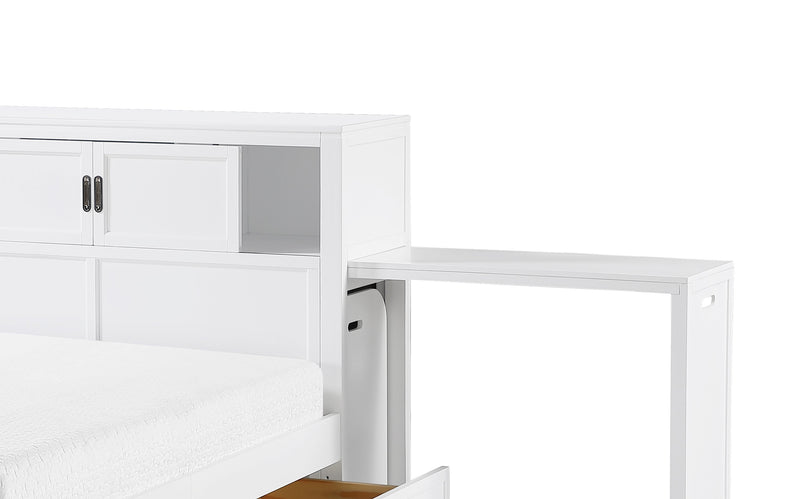 Quinn Platform Bed with Bookcase Headboard, Built-in Desk & Stool, White - Full Size