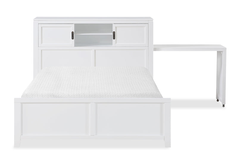Quinn Platform Bed with Bookcase Headboard, Built-in Desk & Stool, White - Full Size