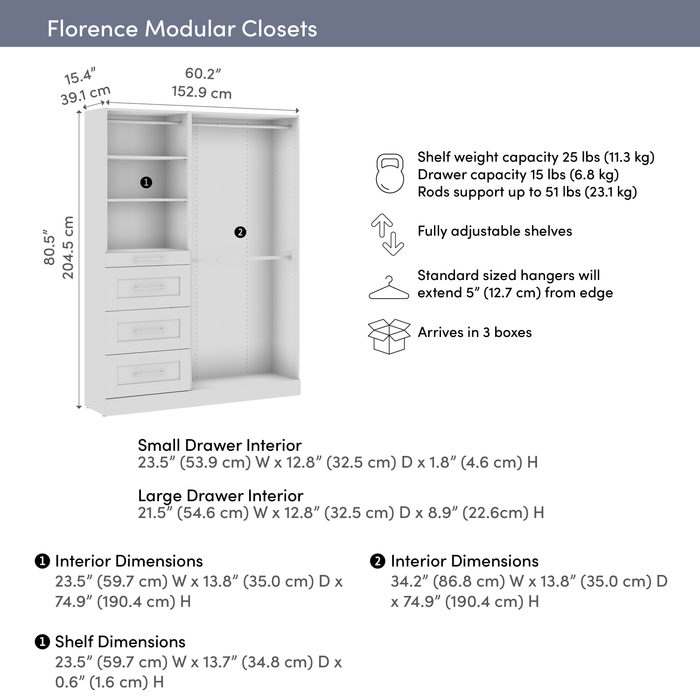 Bestar Florence 61\" Modular Reach-In/Walk-In Closet System with Rods, Shelves and Drawers Shaker Style - White