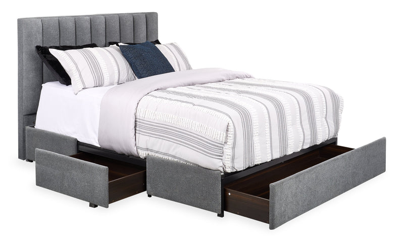 Amos Upholstered Storage Bed in Charcoal Fabric with Channelled Headboard & 3 Built-in Drawers - Queen Size