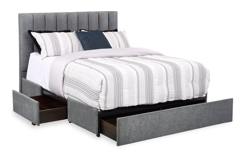 Amos Upholstered Storage Bed in Charcoal Fabric with Channelled Headboard & 3 Built-in Drawers - Queen Size