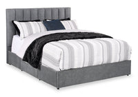 Amos Upholstered Storage Bed in Charcoal Fabric with Channelled Headboard & 3 Built-in Drawers - Queen Size 