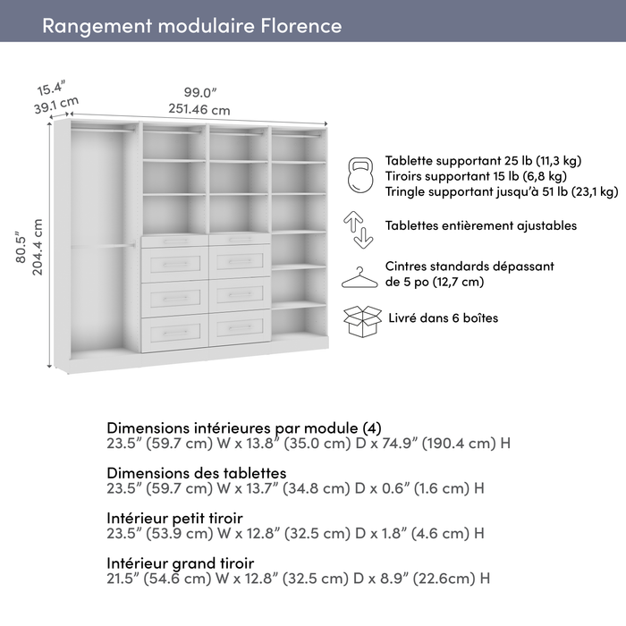 Bestar Florence 100\" Modular Reach-In/Walk-In Closet System with Rods, Shelves and Drawers Shaker Style - White