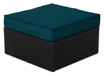Barbados Outdoor Patio Ottoman - Hand-Woven Resin Wicker, UV & Weather Resistant - Black/Blue | Pouf Barbados pour la terrasse à l’extérieur - osier en résine tressé à la main, résistant aux rayons UV et aux intempéries - noir et bleu